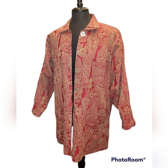 Vintage Harari Red Brocade Textured Jacket Long Sleeve Button Down Top One Size - Picture 7 of 16